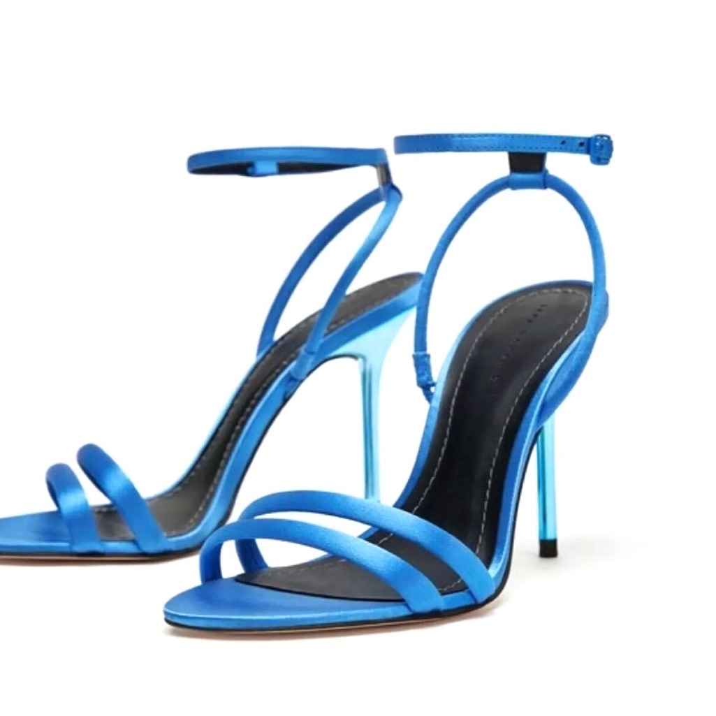 Zara Electric Blue Satin Metallic Heels Sandals